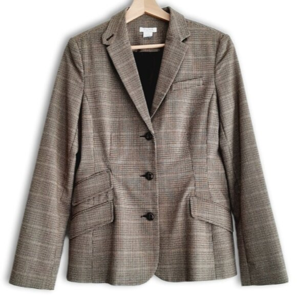 PURE Alfred Sung Plaid Houndstooth Blazer Jacket Tan Cream Sz S - Picture 1 of 15